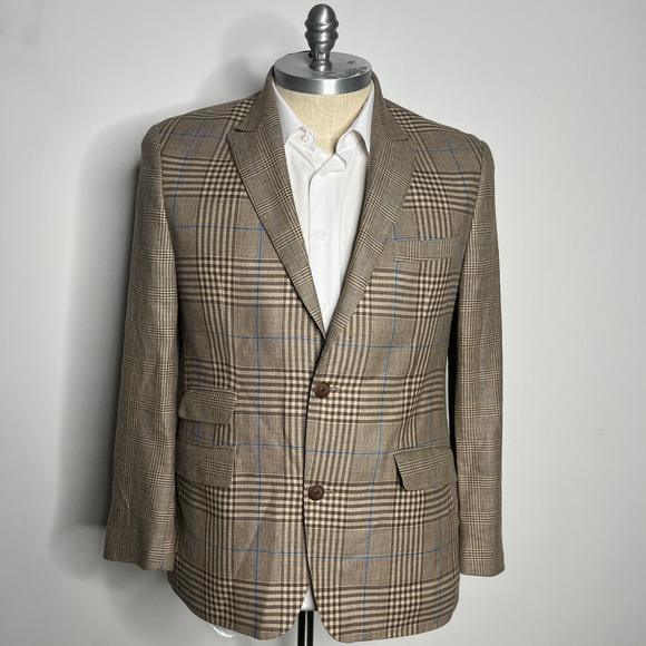 Robert Graham‎ Plaid Blazer Sport Coat Brown Check Wool Linen Mens 44R - Picture 1 of 11